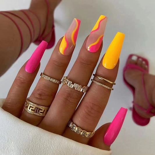 Summer Flame Long Coffin Press On Nails Set, Vibrant Pink and Yellow with Flame Design, Stackable Gold Rings Compatible
