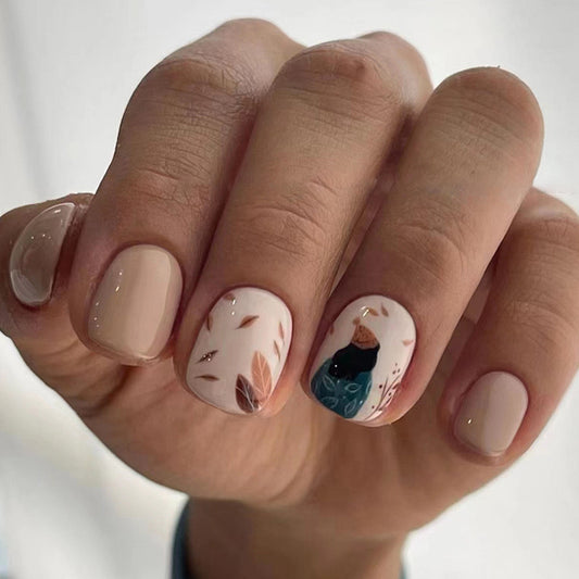 Whimsical Woodland Short Squoval Beige Press On Nails with Accent Art and Glossy Finish
