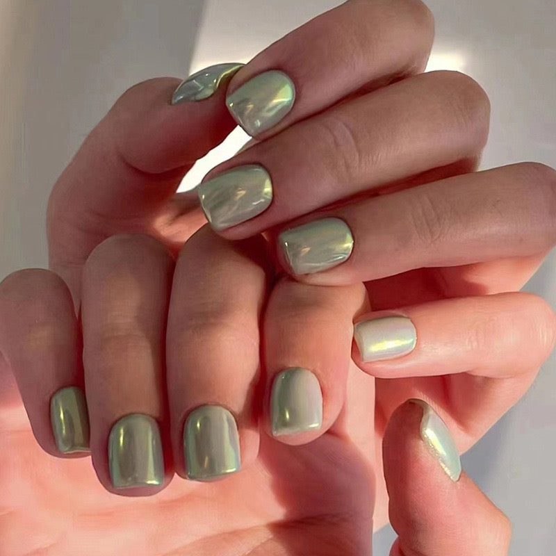 Luminous Moonlight Short Length Square Opalescent Green Press On Nails with Iridescent Sheen