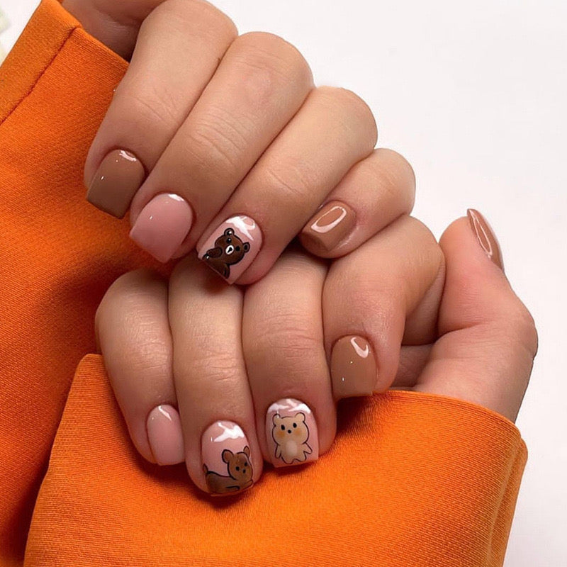 Autumn Charm Short Square Beige Press On Nails with Playful Animal Accents