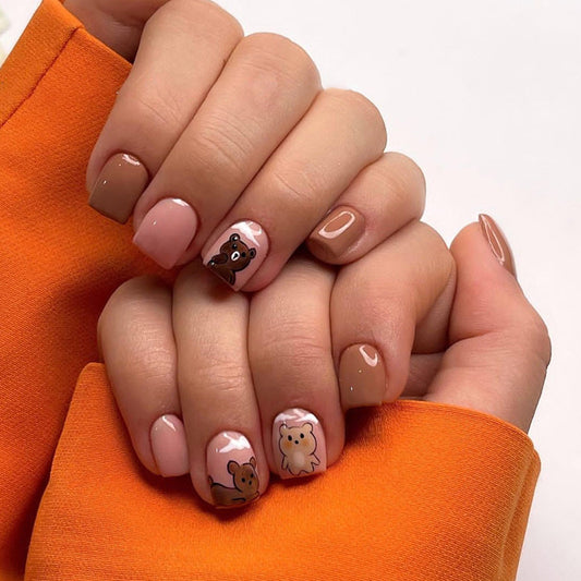 Autumn Charm Short Square Beige Press On Nails with Playful Animal Accents