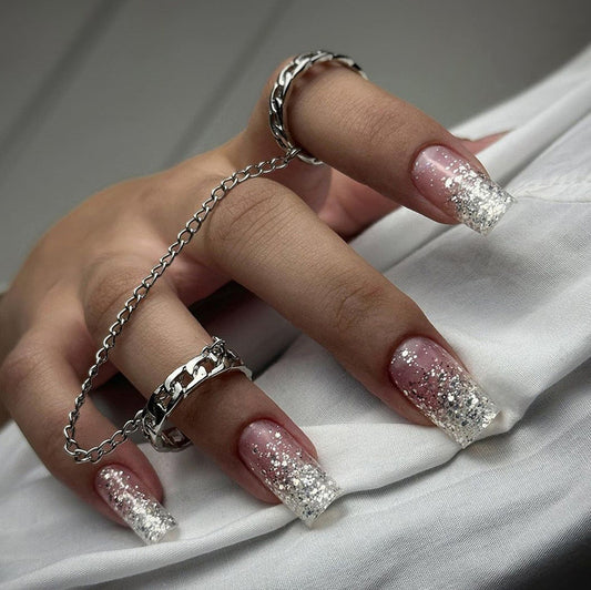 Glamour Nights Long Coffin Pink Ombre Press-On Nails with Sparkling Glitter Tips