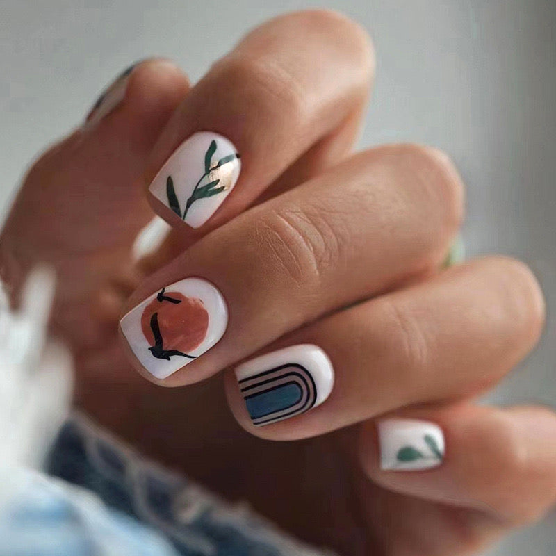 Artistic Expression Short Square White Press-On Nails with Abstract Peach Design and Greenery Detail