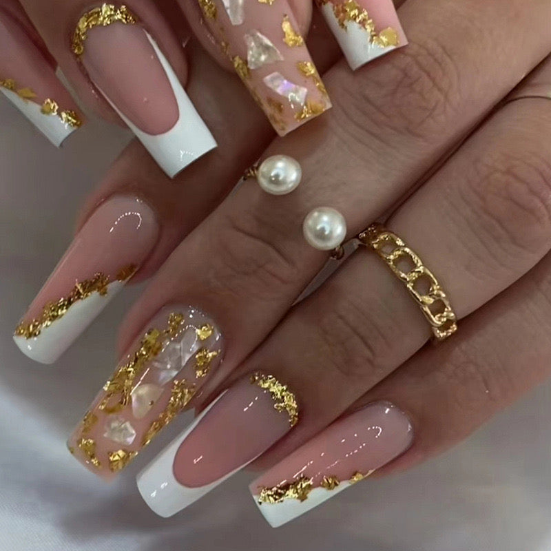 Luxury Long Coffin Press-On Nails in Beige and White with Gold Foil Accents