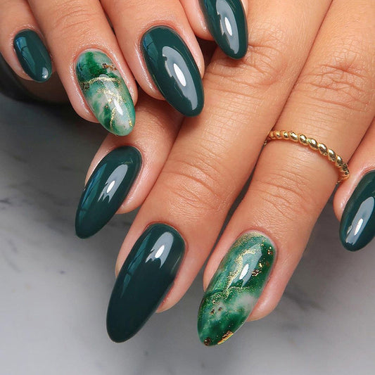 Enchanted Forest Almond-Shaped Medium Length Press-On Nails in Deep Green with Marble and Gold Flakes Design