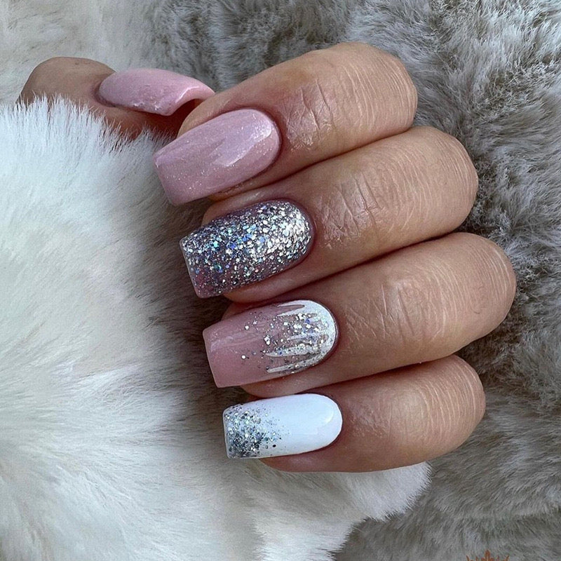 Winter Wonderland Medium Square Pink and White Press-On Nails with Glitter Accents