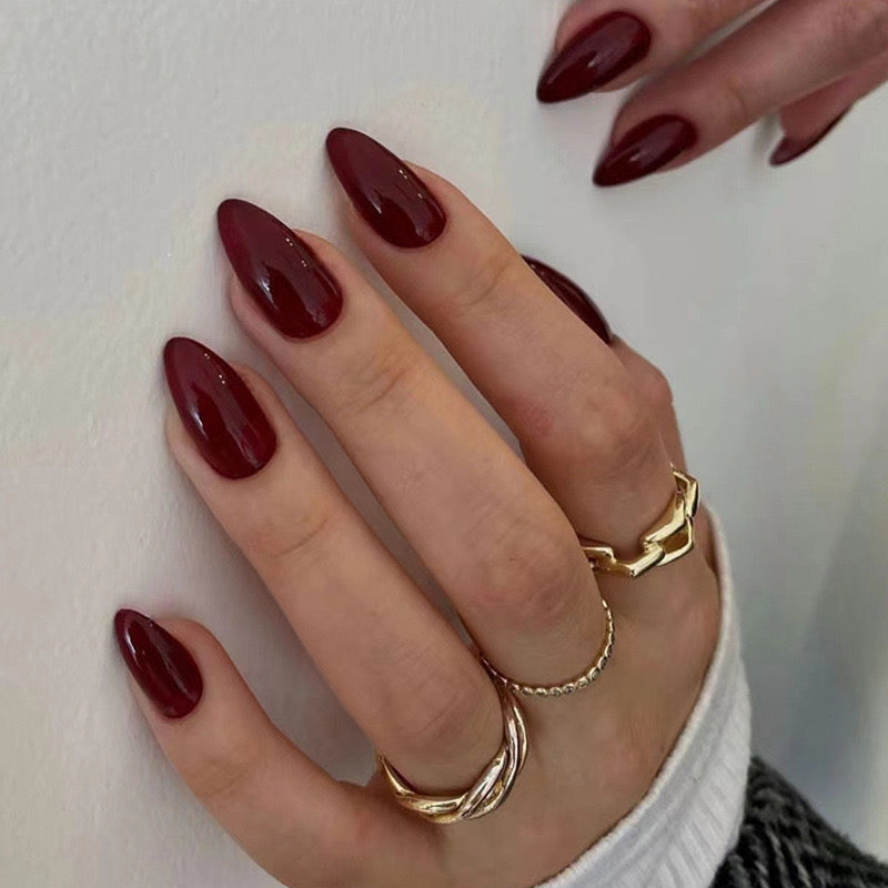 Elegant Affair Long Almond Burgundy Press-On Nails with High Gloss Finish