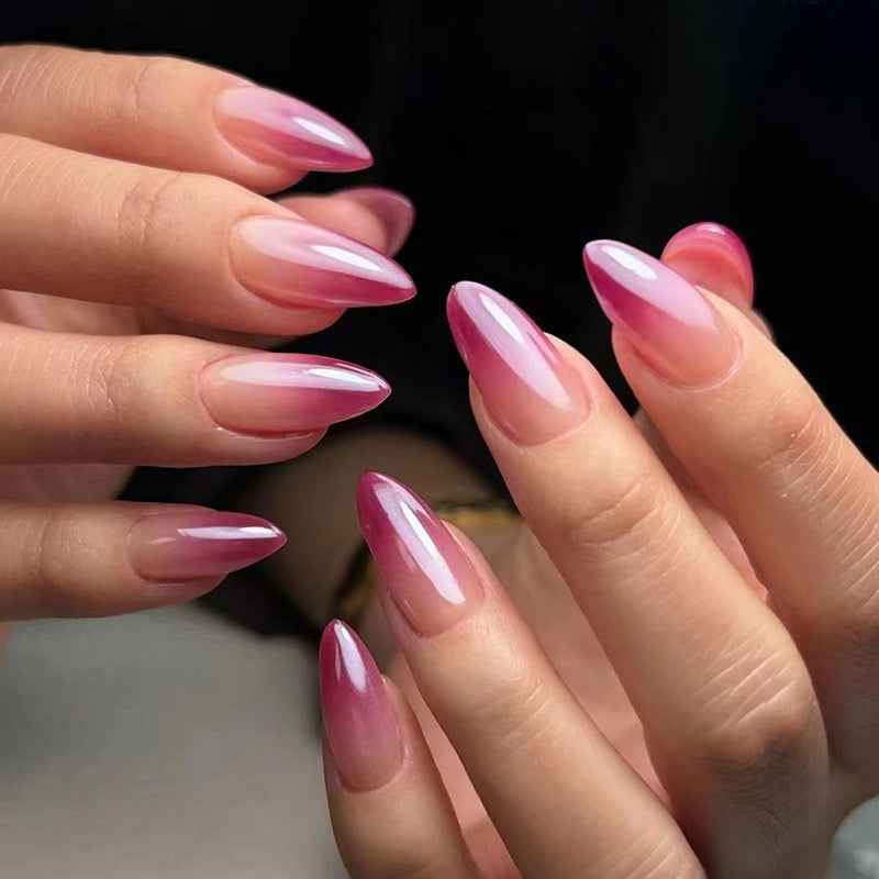 Medium Almond Gradient Pink Ombre Press-On Nails with Glossy Finish for a Romantic Elegance