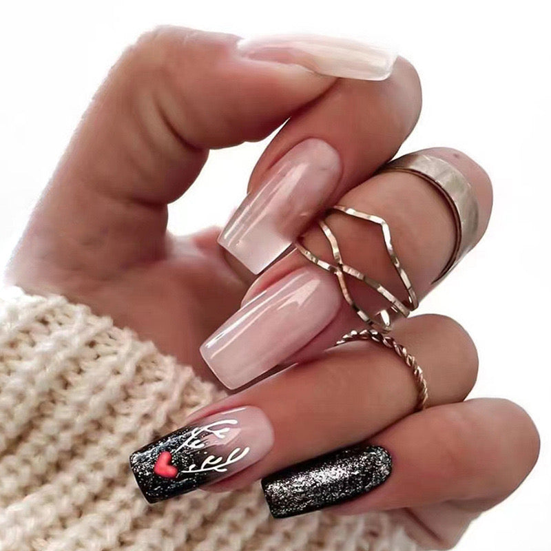 Chic Love Long Square Pink Press-On Nail Set with Sparkling Black Accent and Heart Design