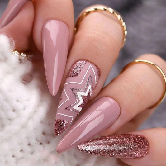 Chic Long Stiletto Mauve Glitter Lightning Bolt Press-On Nails