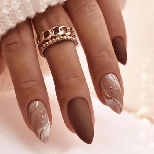 Boho Chic Medium Almond Press-On Nails in Matte Taupe with Accentuated Marbled Art Design
