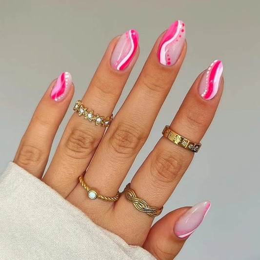 Candy Swirl Long Oval Press On Nails Set, Sheer Pink with Hot Pink Marbling and Polka Dots, Elegant Gold Band Rings Compatible