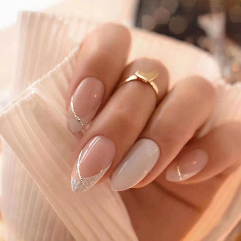 Elegant Bridal Long Almond Press-On Nails in Sheer Pink with Silver Glitter Crescent Moon Accents
