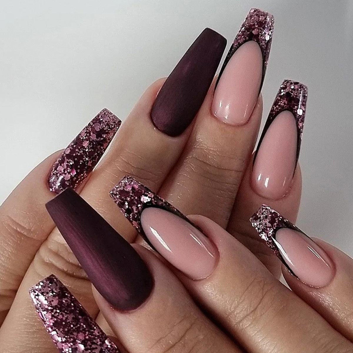 Enchanted Evening Long Coffin Press-On Nails with Matte Plum and Pink Glitter Design