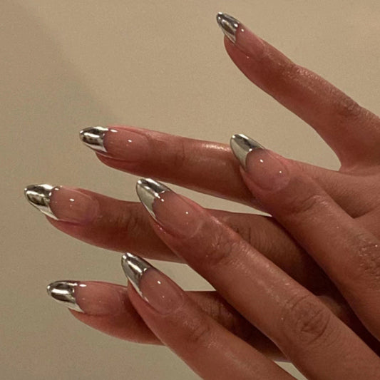 Futuristic Chrome Tip Extra Long Almond Press-On Nails with Sheer Beige Base