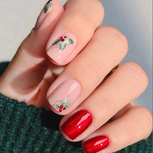 Holiday Festive Short Square Press-On Nails with Glossy Red Accents and Holly Berry Design