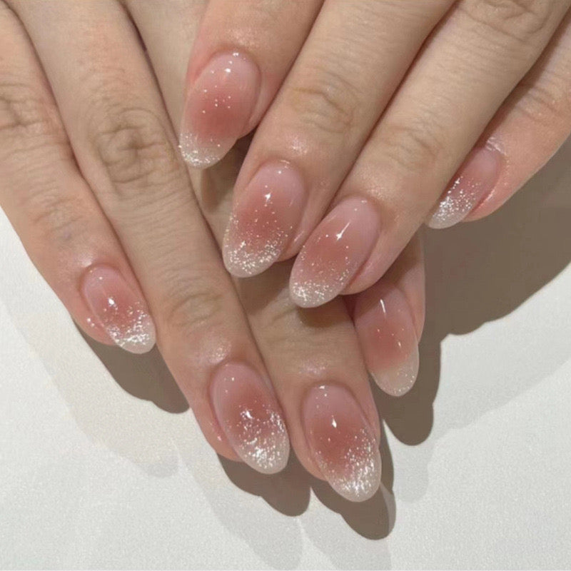 Natural-Look Medium Squoval Press-On Nails with Sheer Pink Base and Glitter Ombre Tips