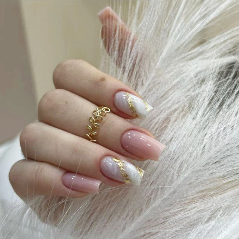 Elegant Medium Coffin Blush Press-On Nails with Gold Foil Flakes and Marbled Art
