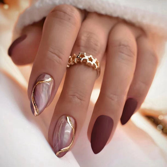 Chic Long Almond Mauve Press-On Nails with Gold Accented Marble Design