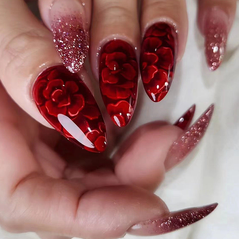 Valentine's Romance Long Almond Glossy Red Press On Nails with Rose Pattern and Sparkling Glitter Detail