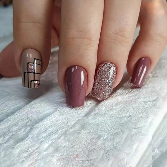 Chic Urban Medium Square Mauve Press-On Nails with Geometric Glitter Accents