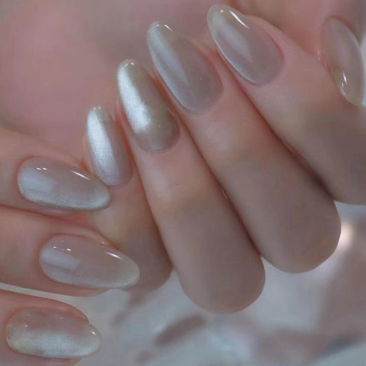 Ethereal Elegance Long Almond Translucent Silver Sheen Press-On Nail Set with Iridescent Finish