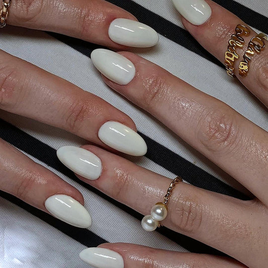 Elegant Ivory Medium Almond Press-On Nails with Lustrous Sheen