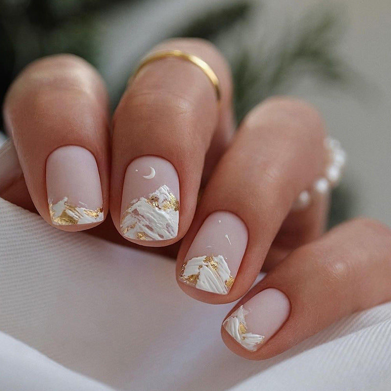 Golden Glimmer Short Square Beige Press On Nail Set with Gold Foil and White Marble Accents