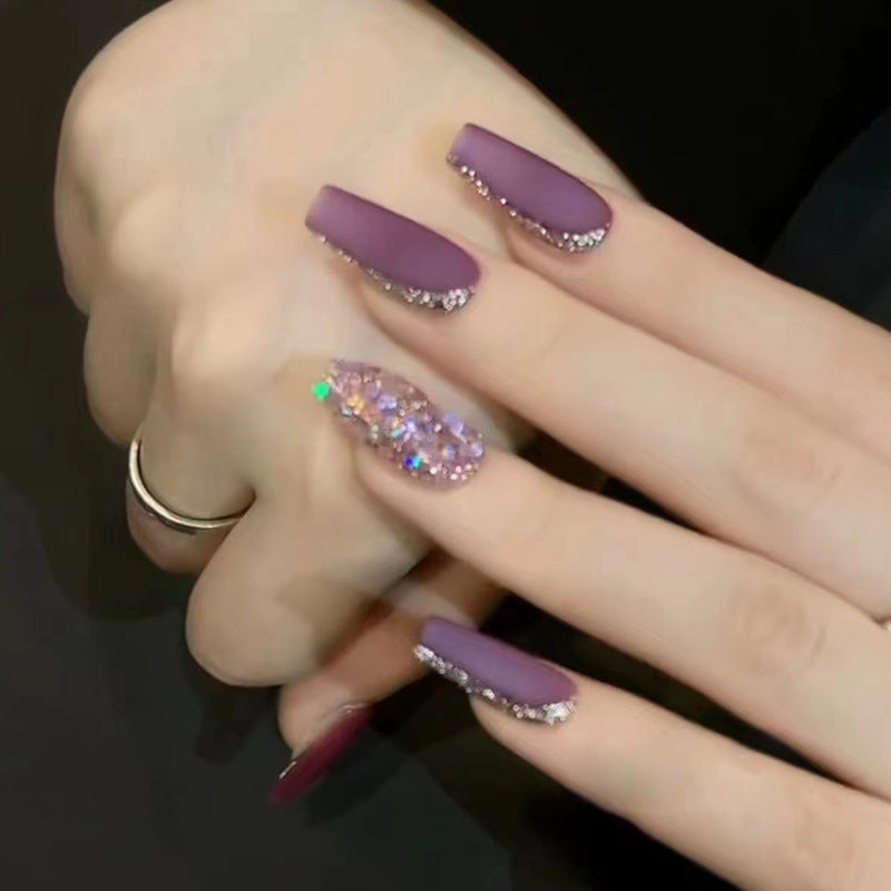 Enchanted Evening Long Square Shape Lavender Press on Nails with Rhinestone Accents
