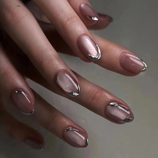 Elegant Evening Short Almond Beige Press On Nails with Silver Accents and Glossy Finish