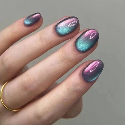 Mystical Aurora Medium Length Oval Press On Nail Set in Iridescent Purple and Teal with Shimmer Finish