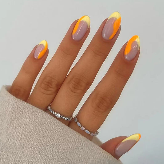 Sunrise Glow Medium Round Lavender Press On Nail Set with Yellow Ombre Accent