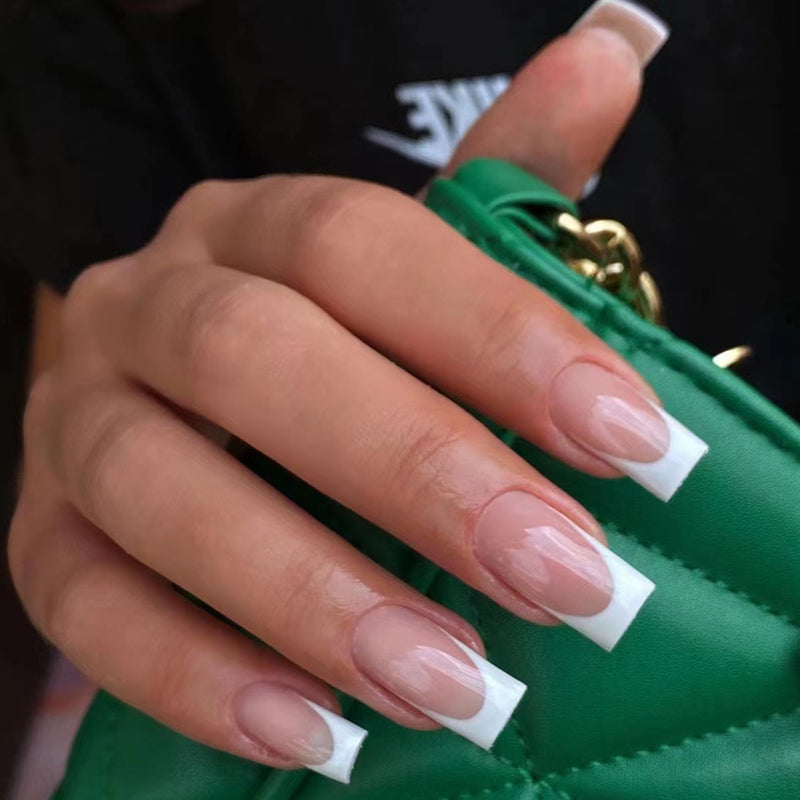 Classic French Medium Square Transparent Press On Nail Set with White Tips