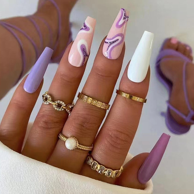 Lavish Lavender Long Coffin Matte Press On Nail Set with Marble and Glitter Accents