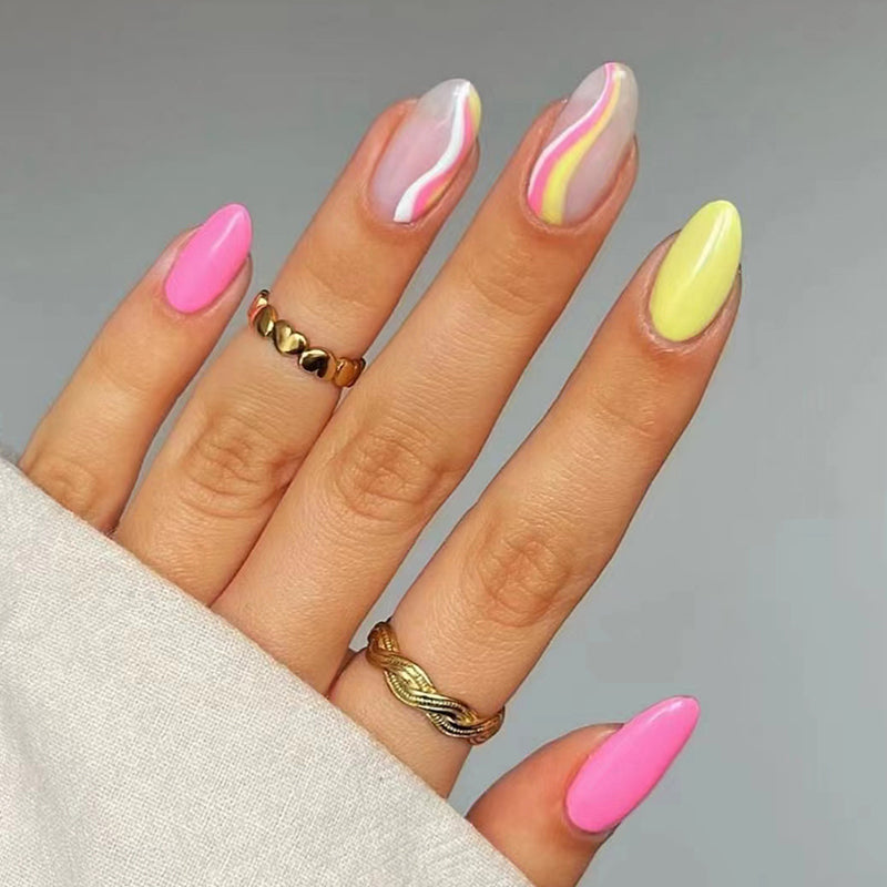 Summer Sorbet Medium Round Multicolor Press On Nail Set with Swirl Design