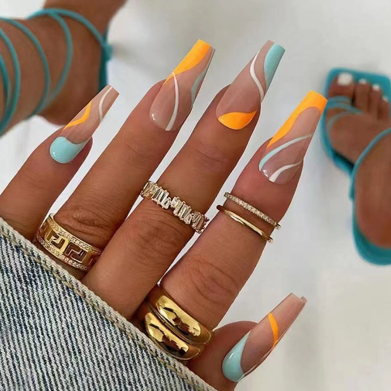 Coastal Waves Long Coffin Beige Press On Nail Set with Blue and Orange Wave Accents