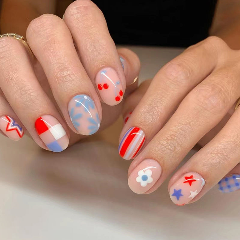Playful Americana Short Round Multicolor Press On Nail Set with Stars and Stripes Design