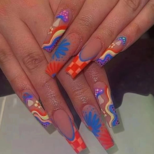 Psychedelic Long Square Multicolor Bold Press On Nails
