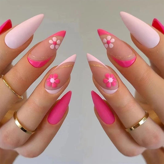 Spring Blossom Medium Stiletto Pink Ombre Press On Nail Set with Floral Accents and Gold Detailing