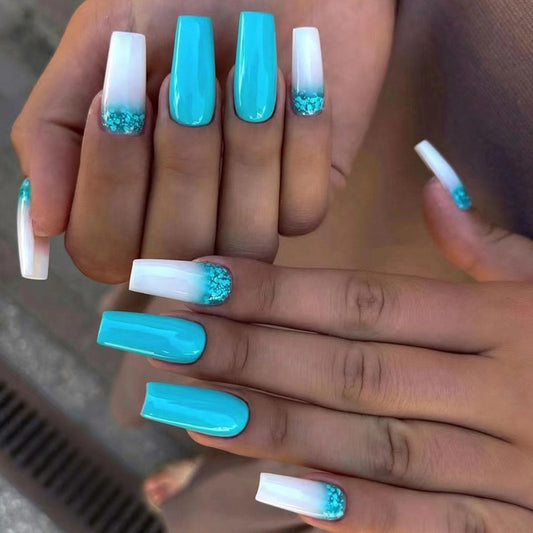 Turquoise Tranquility Long Square White and Blue Press On Nail Set with Glitter Accents