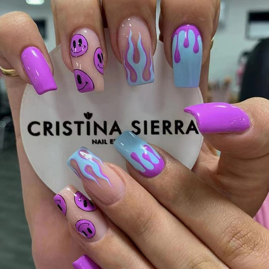 Psychedelic Smiles Long Square Purple and Blue Press On Nail Set with Smiley Faces and Flame Patterns