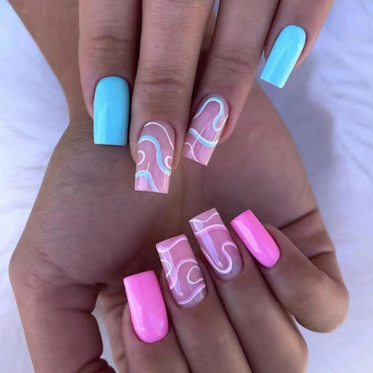 Candy Swirl Medium Square Baby Blue and Pink Press On Nail Set with Abstract Swirl Design