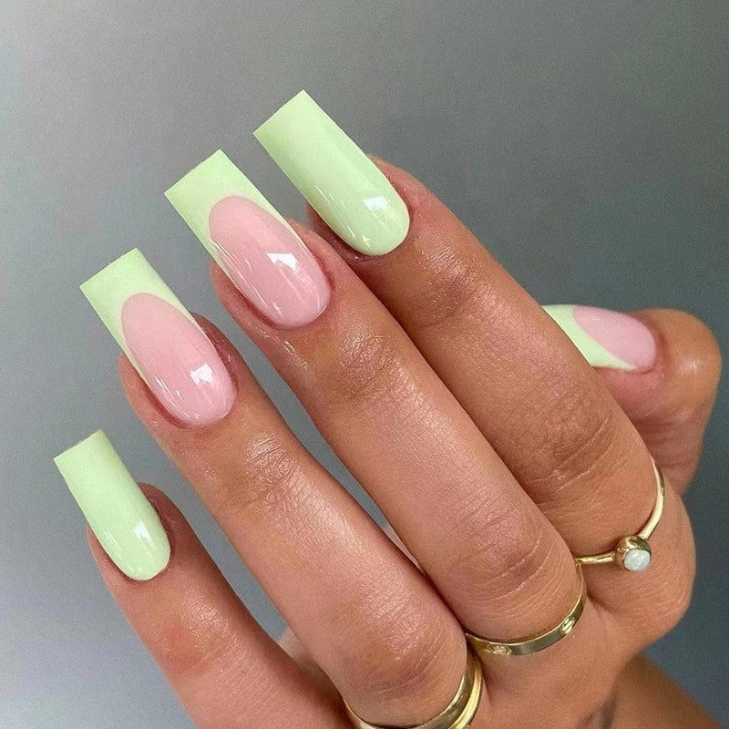 Modern Minimalist Long Square Pale Pink and Mint Green Press On Nail Set with French Tips