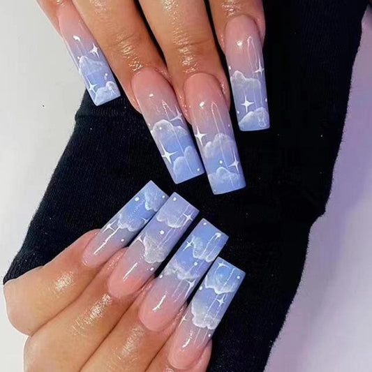 Starry Night Sky Long Square Translucent Press On Nail Set with Cloud and Star Design