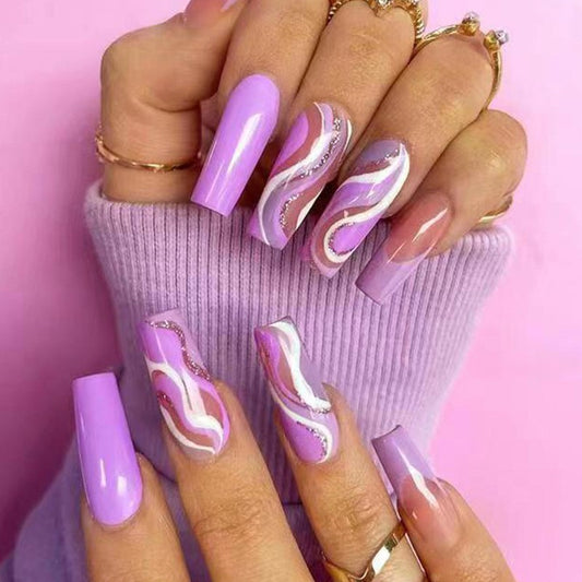 Lavender Dream Long Coffin Lilac Press On Nail Set with Metallic Swirl Accents