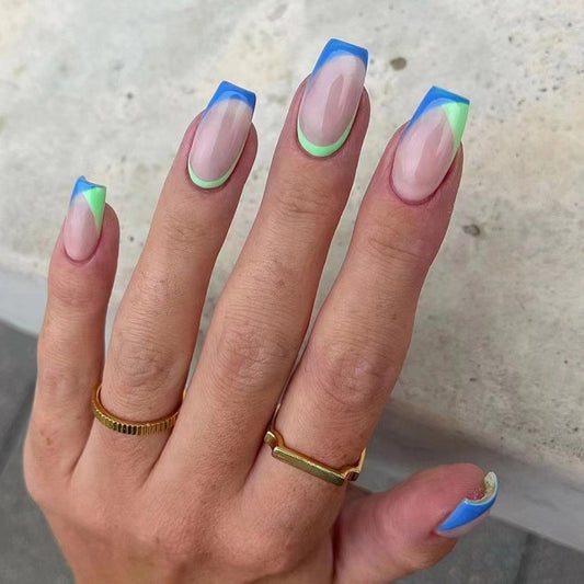Neon Edges Medium Square Clear Press On Nail Set with Blue and Green French Tips
