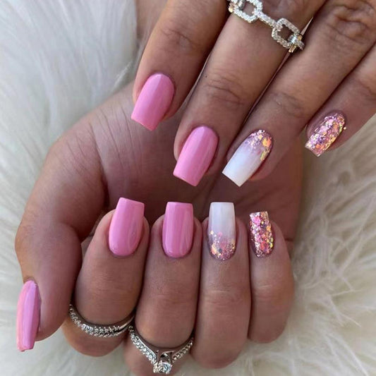 Barbie Sparkle Medium Square Pink Glitter Press On Nails