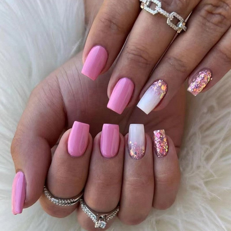 Glamorous Pink Medium Square Press On Nail Set with Sparkling Gold Foil Accents