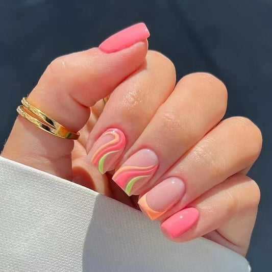 Sweet Swirl Short Square Pink Press On Nail Set with Neon Marble Accent