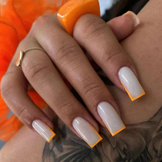 Character Testimony Medium Square Orange French Tips Press On Nails